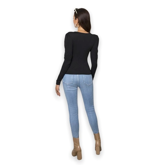 New Boho Solid Black Cutout Ruched Exaggerated Puff Sleeve Blouse Fitted Tee - Picture 8 of 9